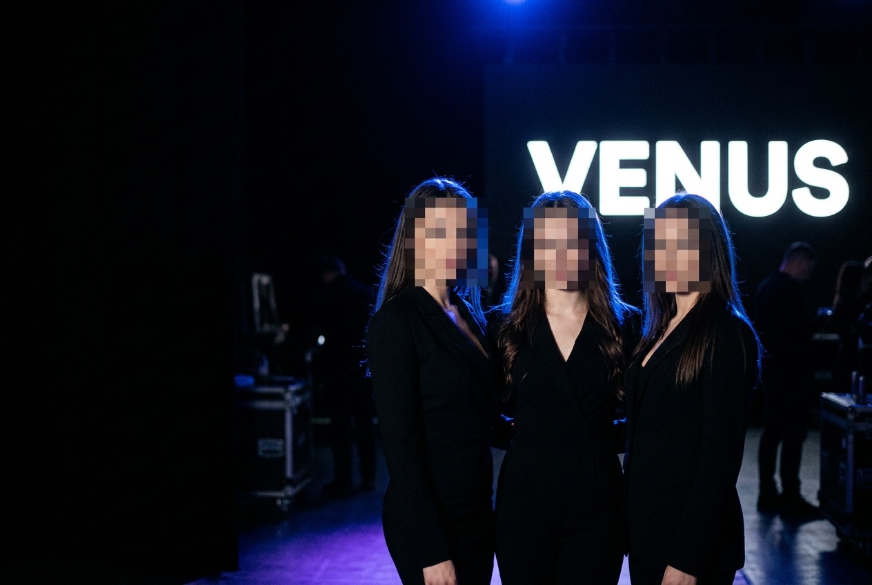 Drei Creatorinnen in Schwarz vor dem leuchtenden Venus-Schriftzug, Gesichter unkenntlich gemacht